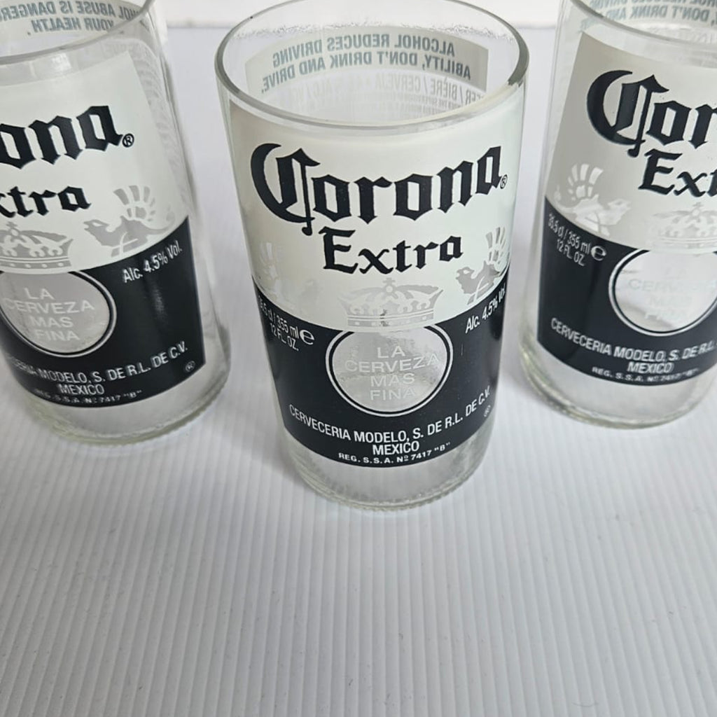 Set of 3 bespoke Handcrafted Corona Drinking Glasses/ Vases etc.