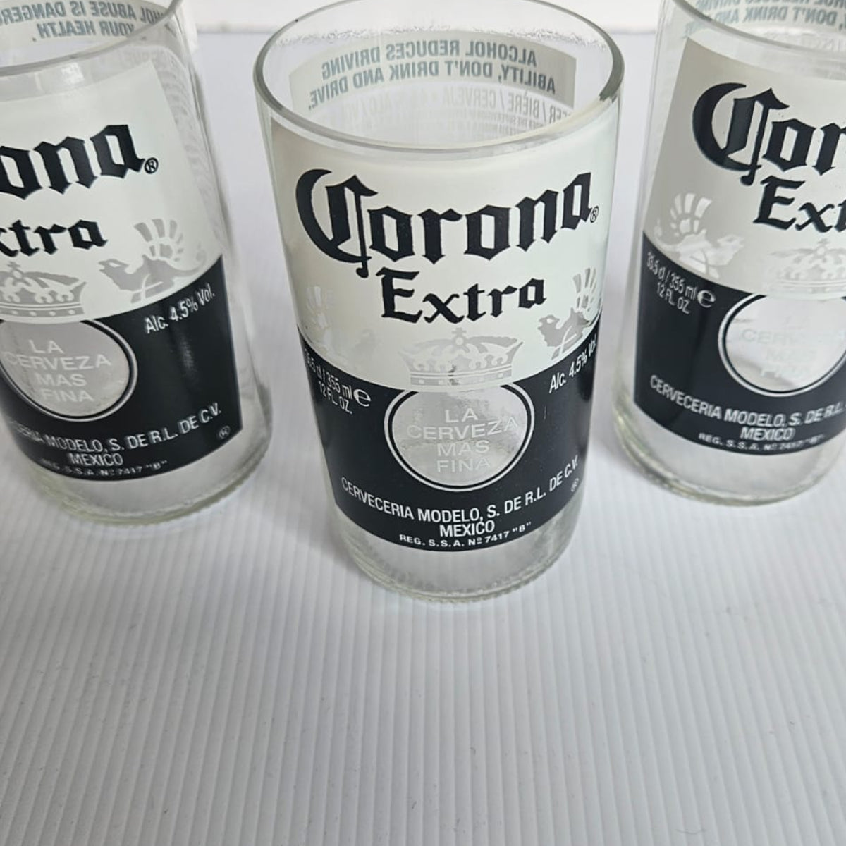 Set of 3 bespoke Handcrafted Corona Drinking Glasses/ Vases etc.
