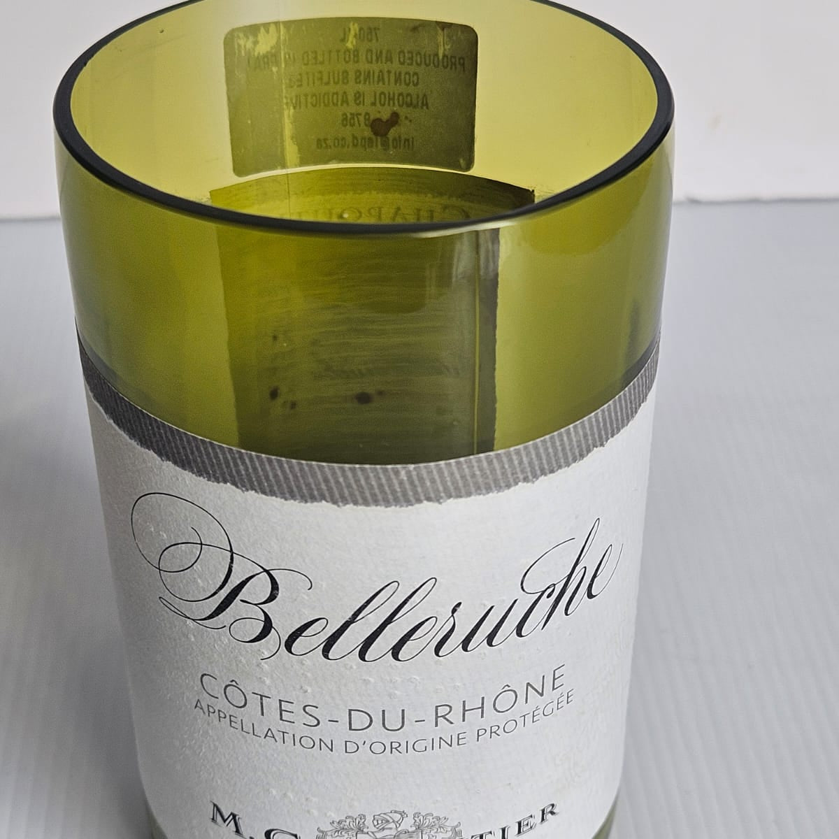 Bespoke handcrafted cut and ground Belleruche Côtes-du-Rhône bottle