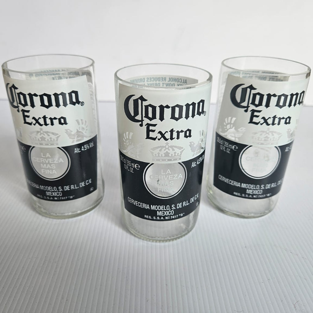 Set of 3 bespoke Handcrafted Corona Drinking Glasses/ Vases etc.