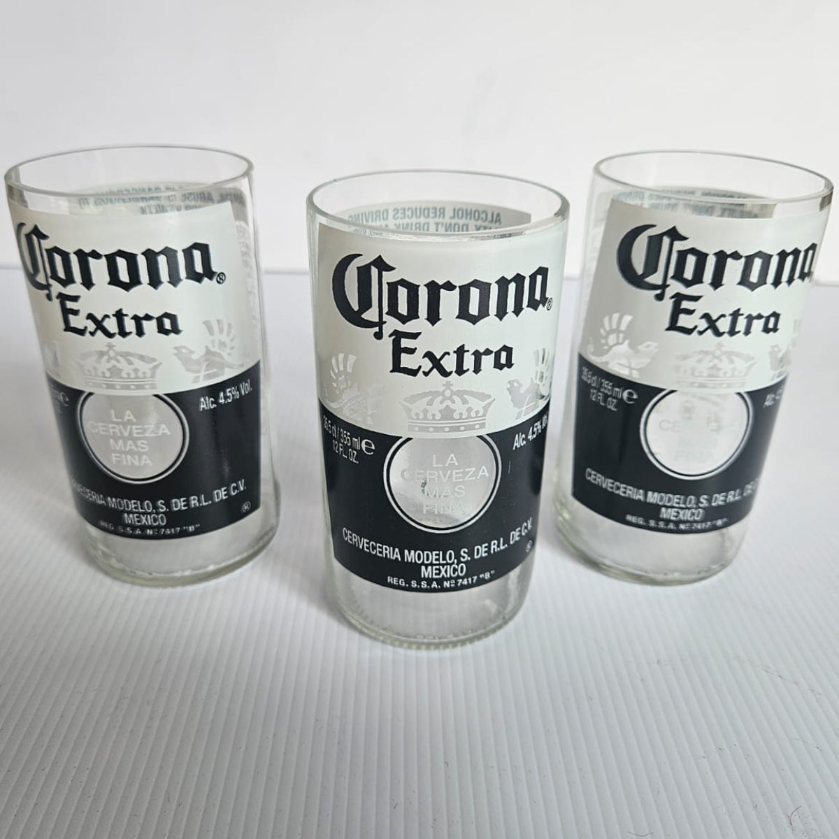 Set of 3 bespoke Handcrafted Corona Drinking Glasses/ Vases etc.