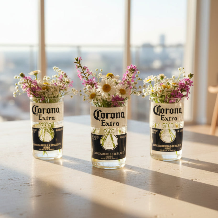 Set of 3 bespoke Handcrafted Corona Drinking Glasses/ Vases etc.
